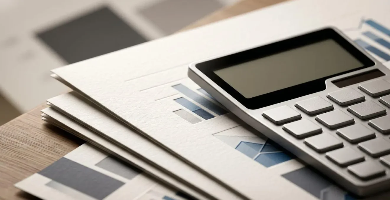 Gros plan sur rapport financier avec graphiques de performance et calculatrice professionnelle