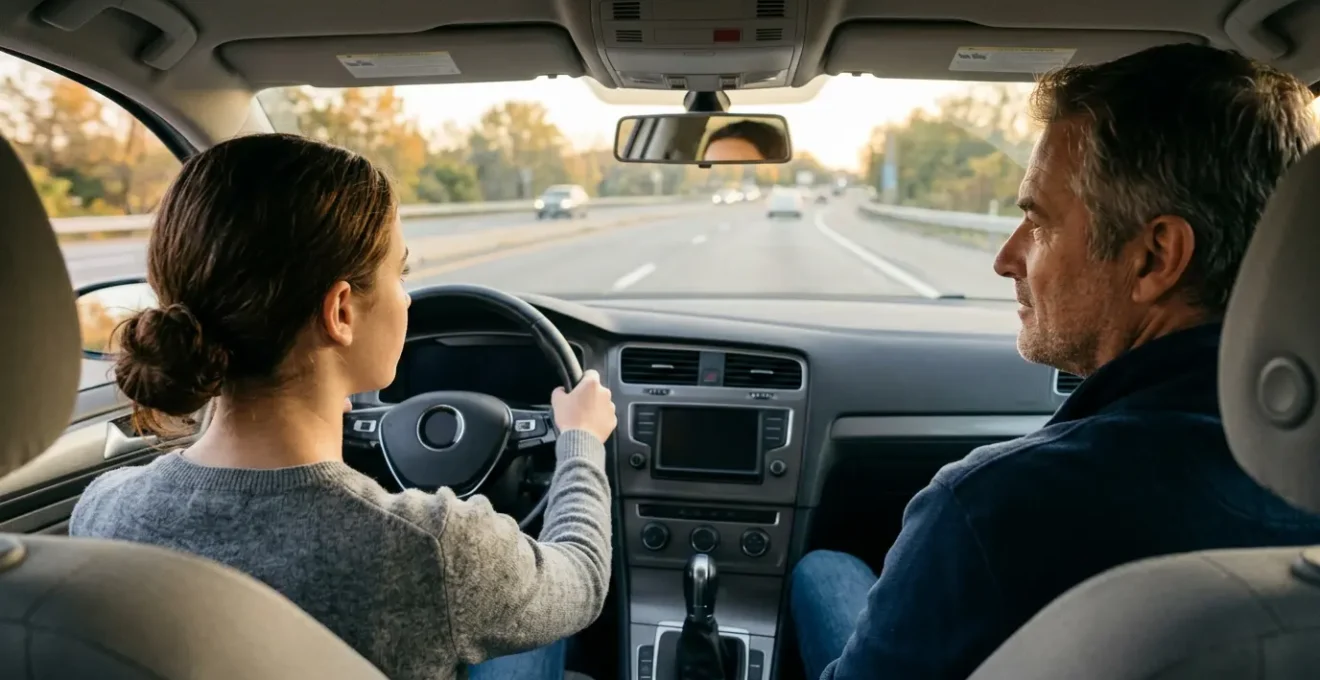 Un jeune apprenti conducteur accompagné dans une voiture lors d'une formation à la conduite accompagnée