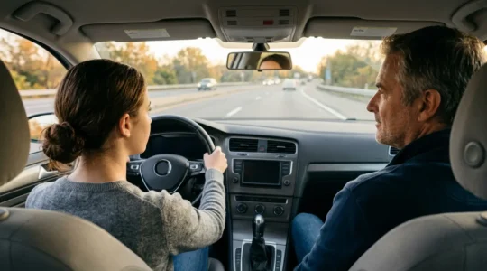 Un jeune apprenti conducteur accompagné dans une voiture lors d'une formation à la conduite accompagnée