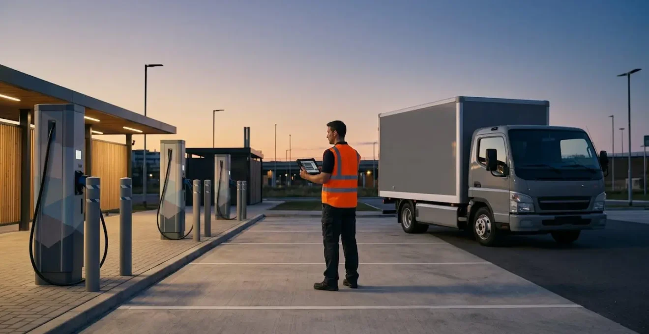 Véhicule électrique en situation de dépannage près d'une borne de recharge