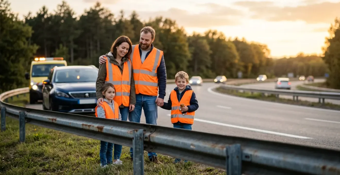 Mise en sécurité d'une famille derrière la glissière d'autoroute lors d'une panne mécanique