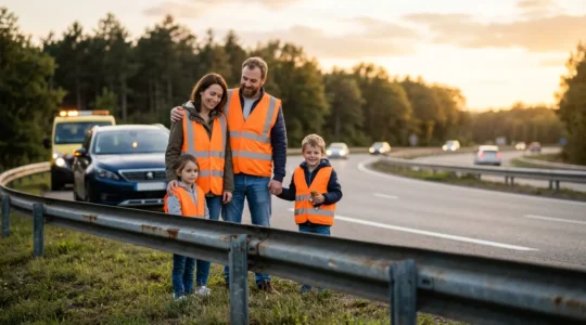 Mise en sécurité d'une famille derrière la glissière d'autoroute lors d'une panne mécanique