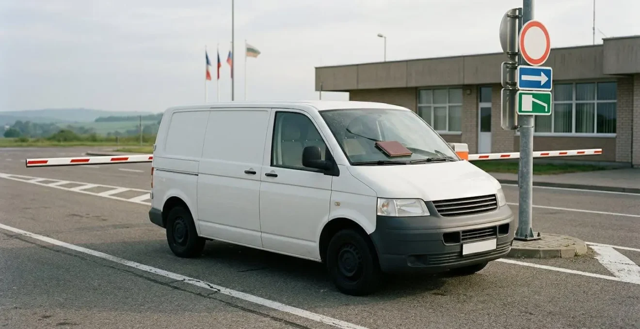 Utilitaire européen stationné à la frontière avec documentation d'assurance, scène de rapatriement international