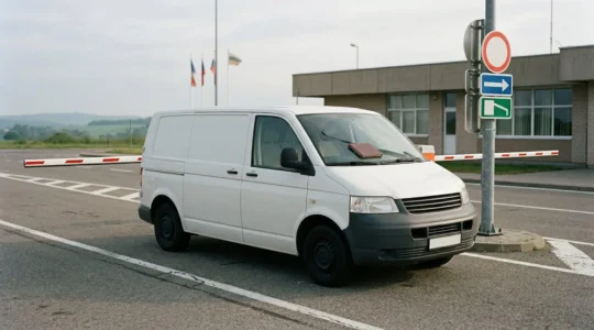 Utilitaire européen stationné à la frontière avec documentation d'assurance, scène de rapatriement international