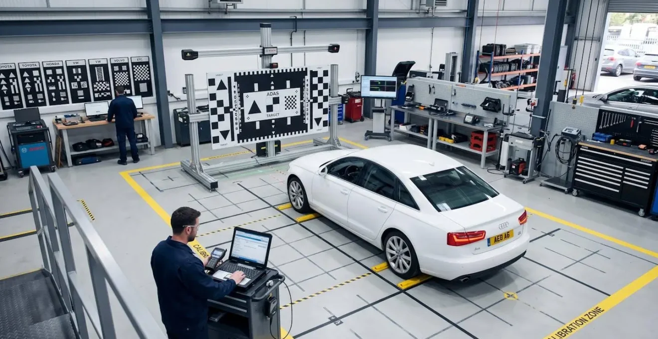 Vue d'ensemble d'un atelier de calibrage ADAS avec banc de recalibrage professionnel et mires de calibration précises