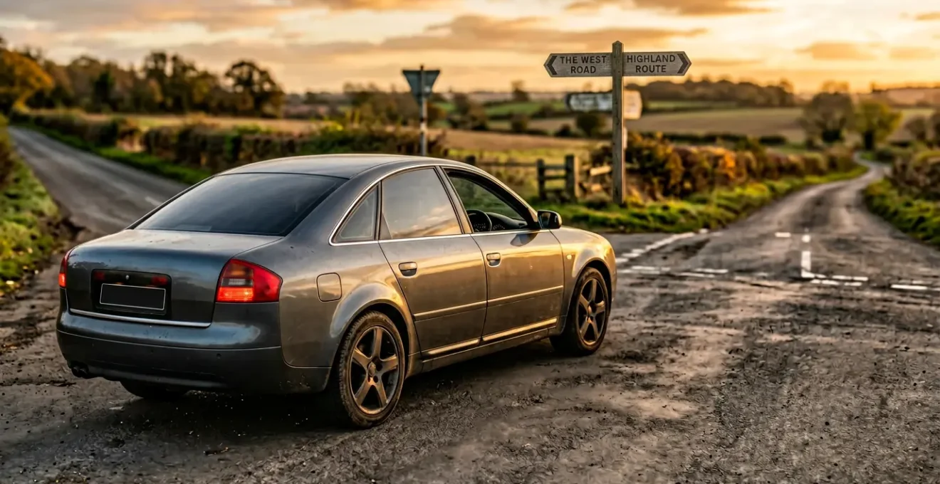 Berline allemande premium stationnée à un croisement symbolisant la décision d'assurance automobile