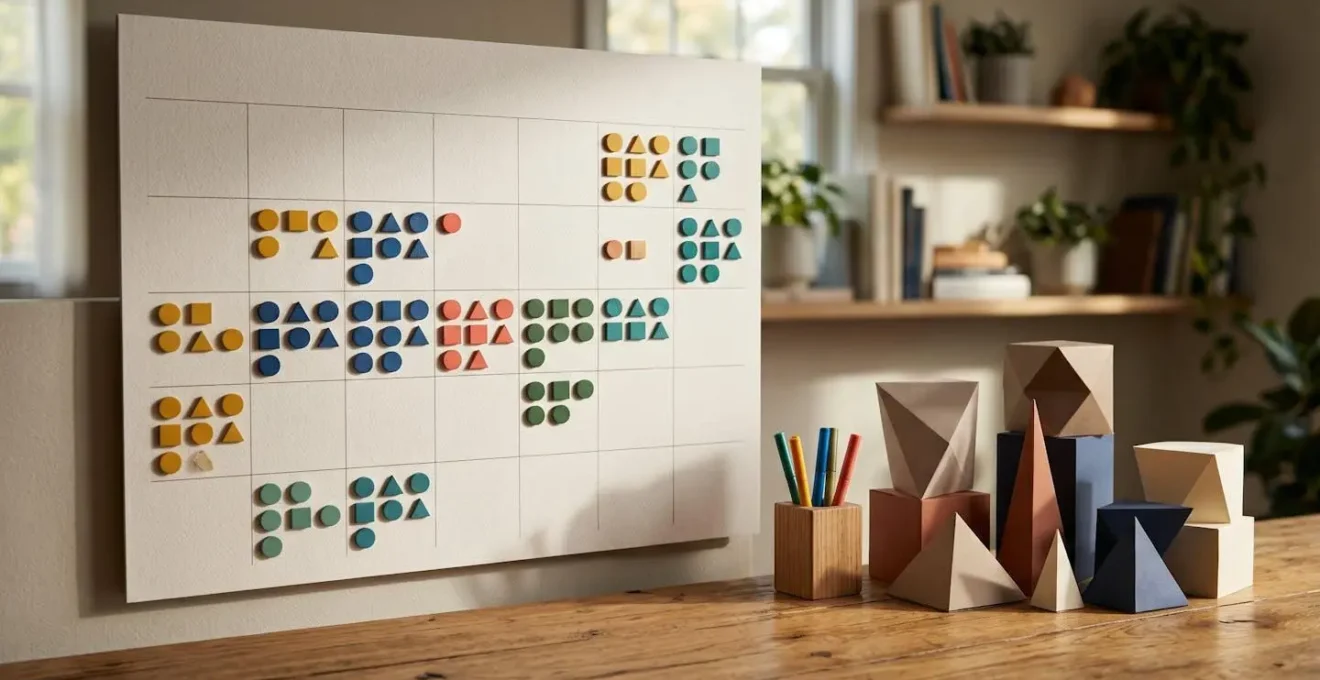 Calendrier mural avec marqueurs colorés et documents d'assurance organisés sur bureau
