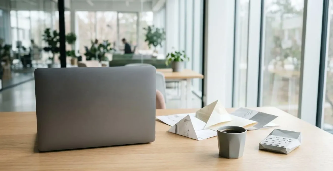 Vue arrière d'un ordinateur portable sur bureau avec papiers et calculatrice, atmosphère professionnelle épurée
