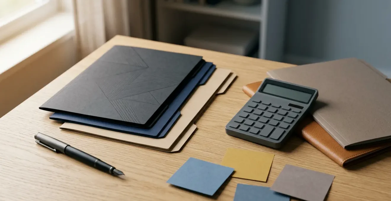 Analyse comparative de dossiers d'assurance avec documents officiels et calculatrice sur bureau professionnel