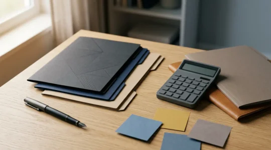 Analyse comparative de dossiers d'assurance avec documents officiels et calculatrice sur bureau professionnel