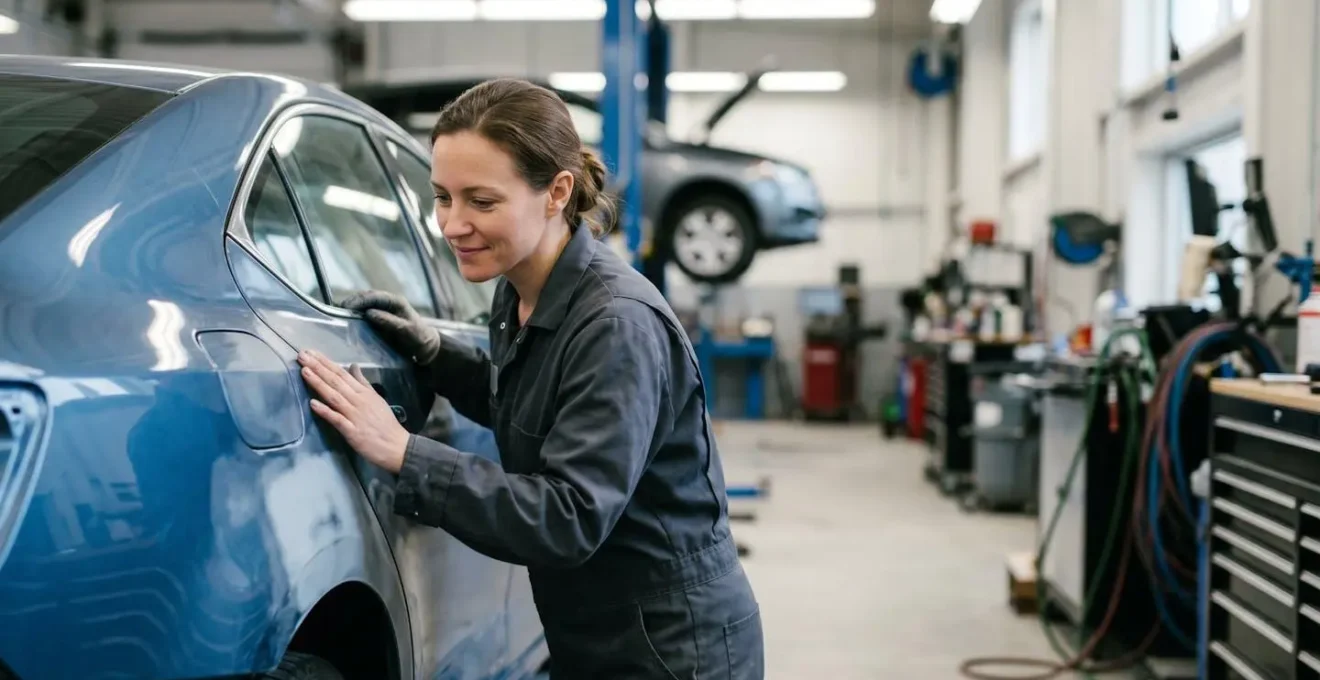 Atelier de carrosserie professionnel avec un technicien qualifié inspectant la portière d'une voiture.