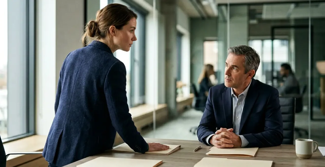 Homme face à un bureau moderne d'assurance avec dossier papier fermé illustrant la confrontation entre assuré résilié et compagnie