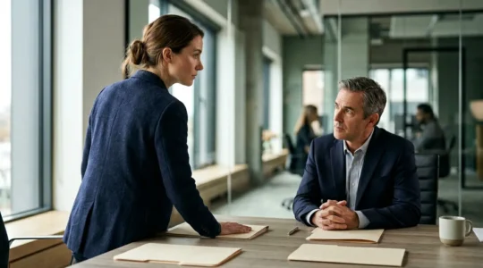 Homme face à un bureau moderne d'assurance avec dossier papier fermé illustrant la confrontation entre assuré résilié et compagnie