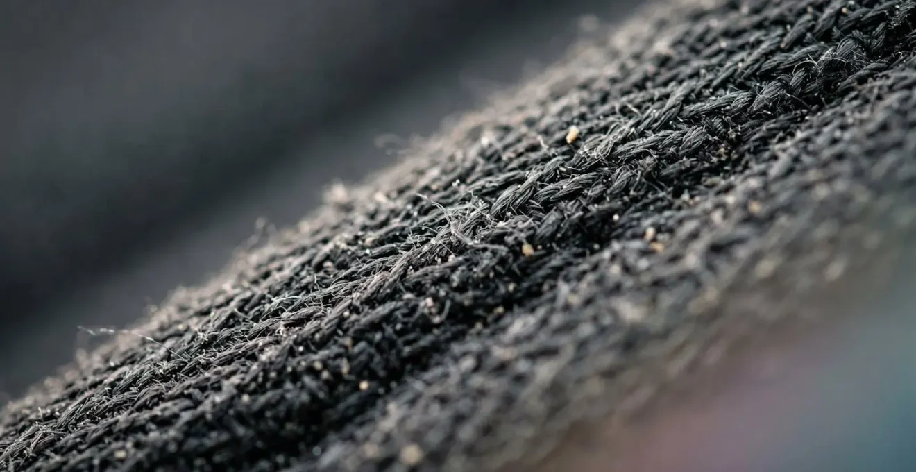 Gros plan sur texture de tissu automobile révélant particules microscopiques de poussière de ponçage