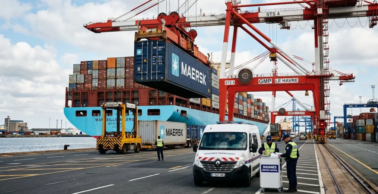 Conteneur maritime au port du Havre avec grue de déchargement, contexte douanier et import