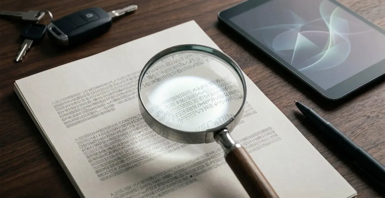 Analyse détaillée d'un contrat LLD avec loupe révélant des clauses cachées