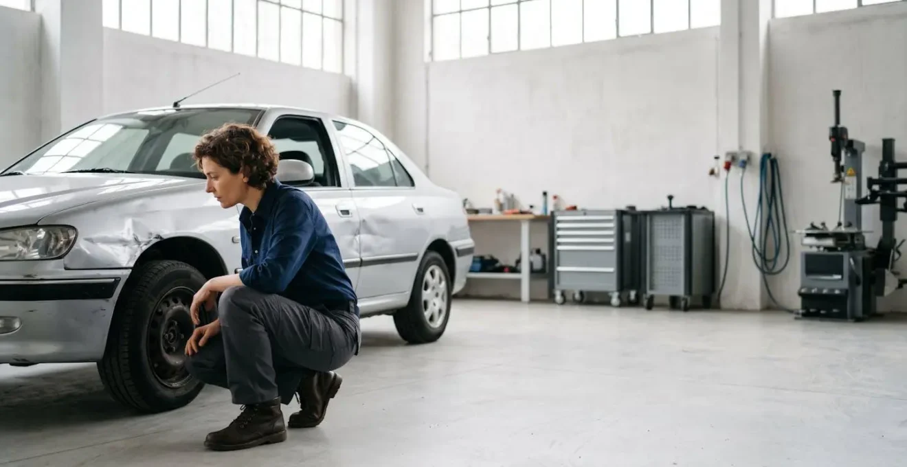 Expert automobile indépendant examinant un véhicule endommagé pour contre-expertise