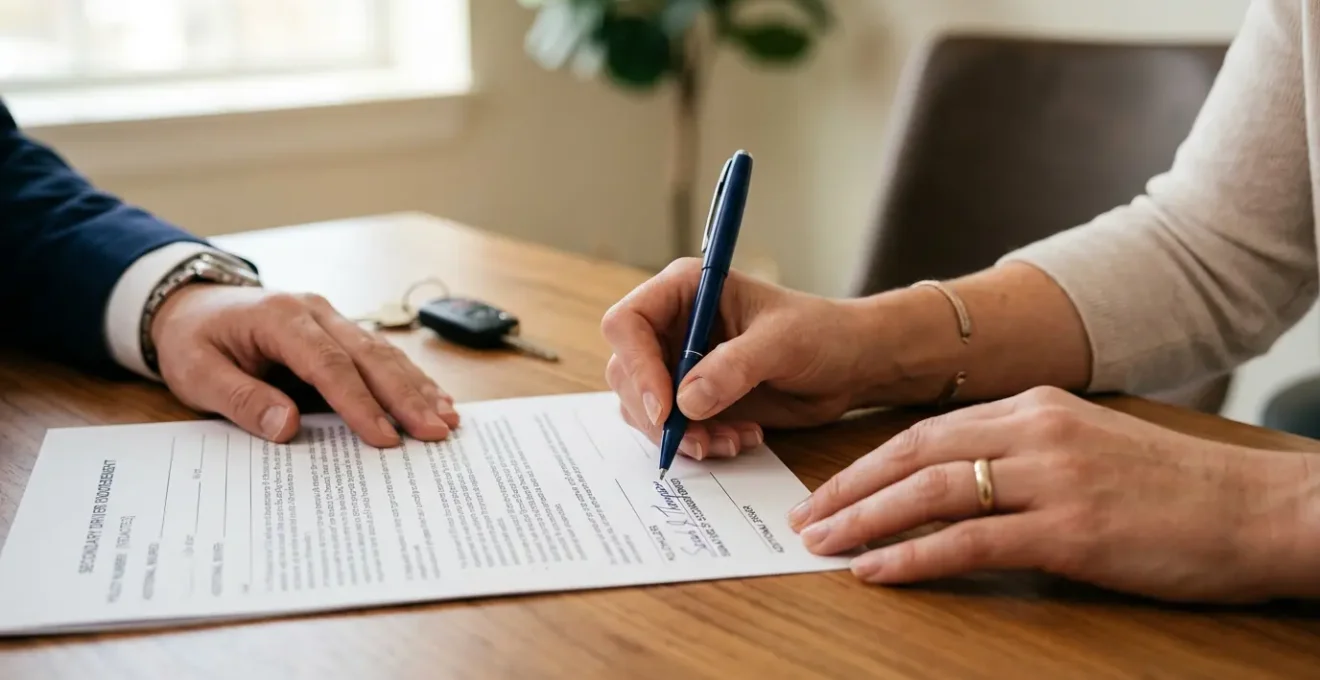 Gros plan sur des mains signant un document d'assurance automobile avec des clés de voiture sur un bureau professionnel