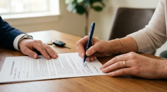 Gros plan sur des mains signant un document d'assurance automobile avec des clés de voiture sur un bureau professionnel