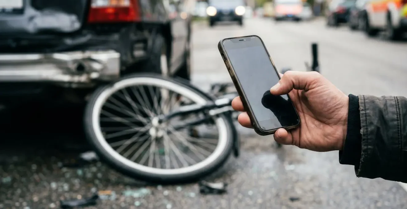 Main tenant un smartphone documentant une scène d'accident