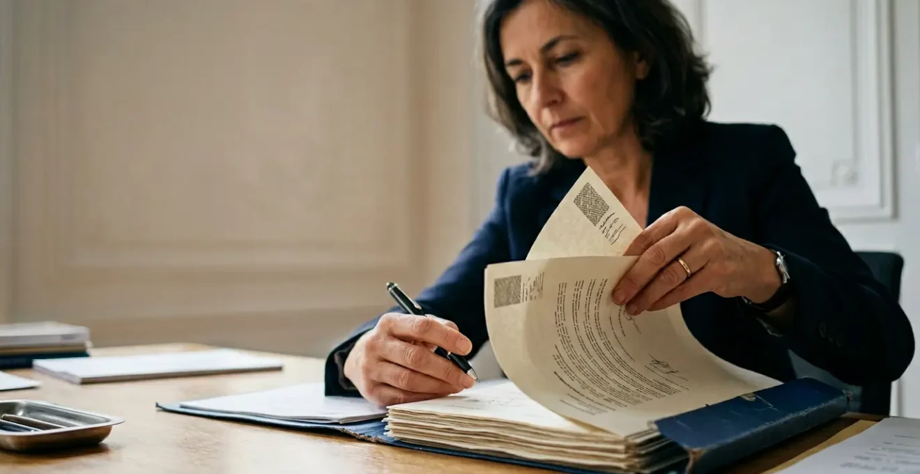 Professionnel analysant attentivement des documents contractuels dans un environnement lumineux
