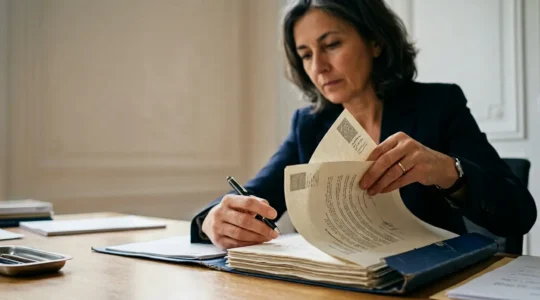 Professionnel analysant attentivement des documents contractuels dans un environnement lumineux