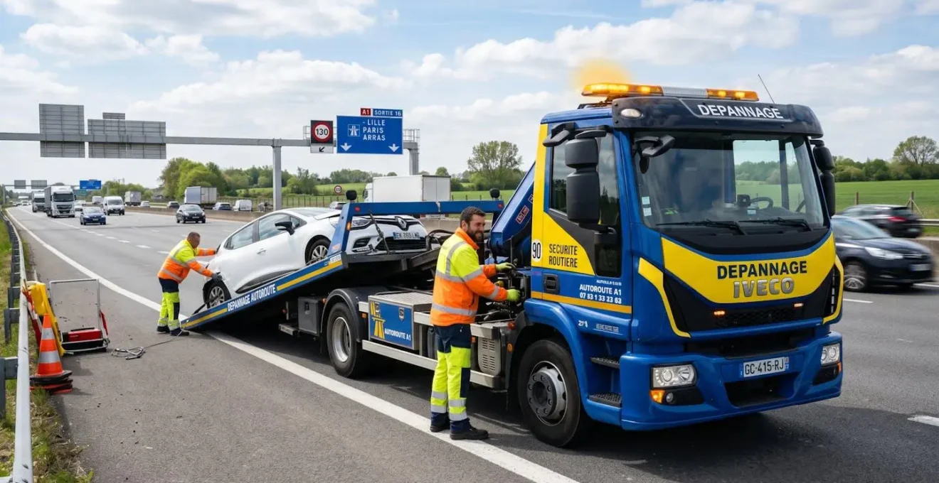 Dépanneuse intervenant sur autoroute française en plein jour, scène de remorquage professionnel