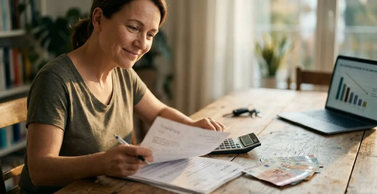 Conducteur souriant examinant des documents d'assurance avec calculatrice et billets d'euros sur une table en bois
