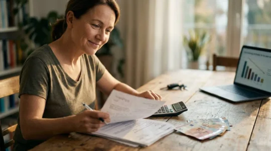 Conducteur souriant examinant des documents d'assurance avec calculatrice et billets d'euros sur une table en bois