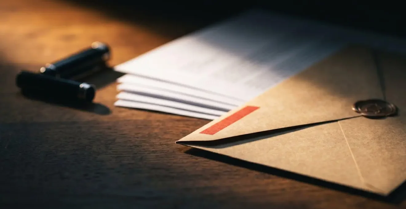 Enveloppe administrative prête à l'envoi avec documents soigneusement organisés dans un cadre professionnel