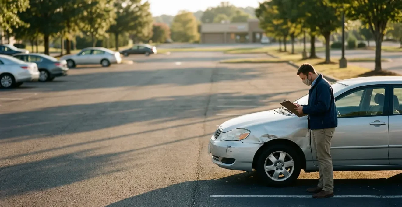 Expert automobile inspectant un véhicule sinistré sur un parking extérieur pour évaluer l'indemnisation après vol et incendie