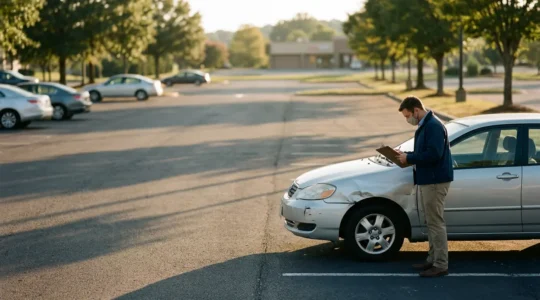 Expert automobile inspectant un véhicule sinistré sur un parking extérieur pour évaluer l'indemnisation après vol et incendie
