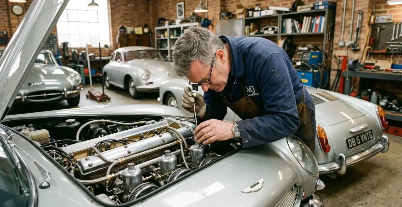 Expert automobile examinant en détail les caractéristiques d'un véhicule de collection