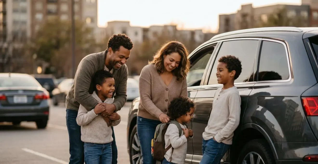 Famille avec enfants devant un SUV de courtoisie spacieux mis à disposition pendant les réparations