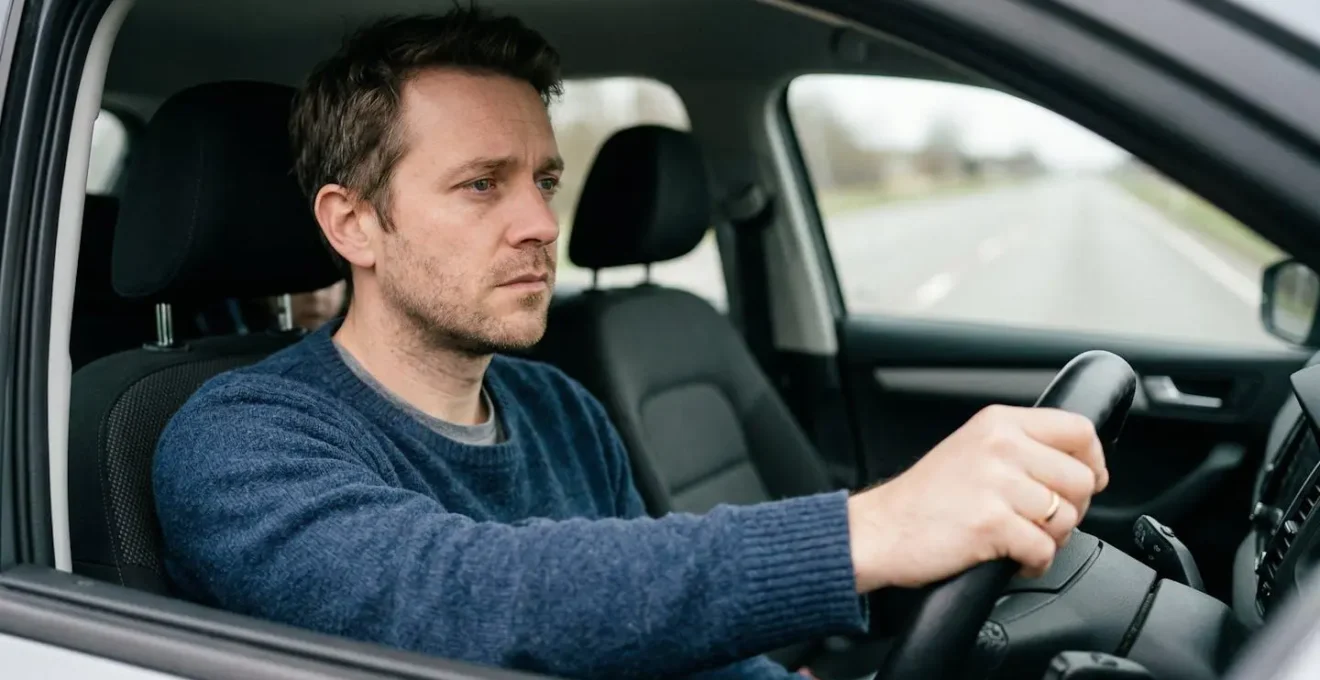 Portrait d'un parent préoccupé au volant d'une voiture familiale, évoquant la responsabilité financière et la protection des proches