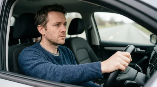 Portrait d'un parent préoccupé au volant d'une voiture familiale, évoquant la responsabilité financière et la protection des proches