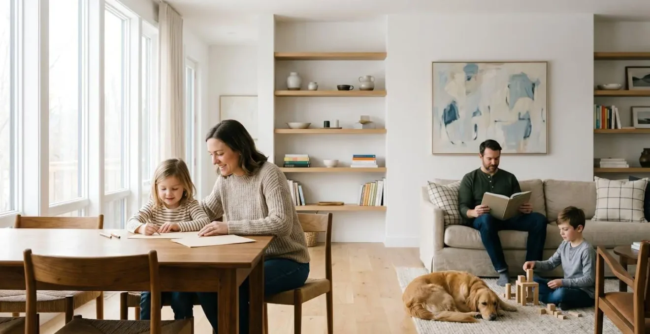 Scène familiale quotidienne paisible évoquant la protection contre les accidents de la vie domestique et de loisirs