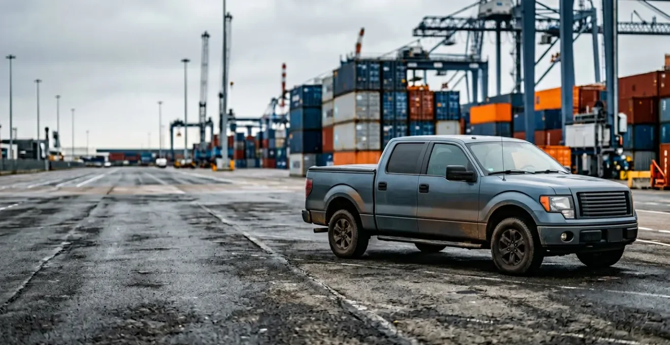 Pick-up américain moderne garé dans un environnement portuaire français, illustrant le processus d'importation de véhicules des États-Unis vers la France