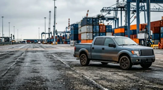 Pick-up américain moderne garé dans un environnement portuaire français, illustrant le processus d'importation de véhicules des États-Unis vers la France