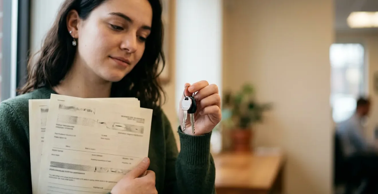 Jeune conducteur tenant des clés de voiture avec documents d'assurance, symbolisant l'accès à la première automobile
