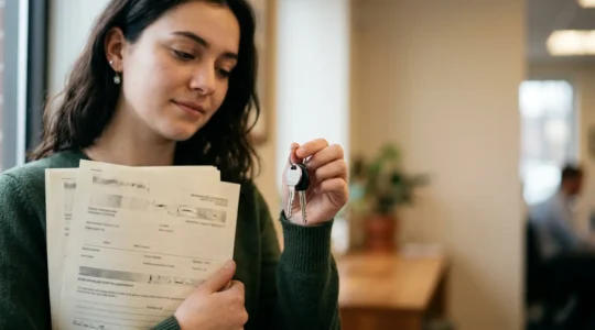 Jeune conducteur tenant des clés de voiture avec documents d'assurance, symbolisant l'accès à la première automobile