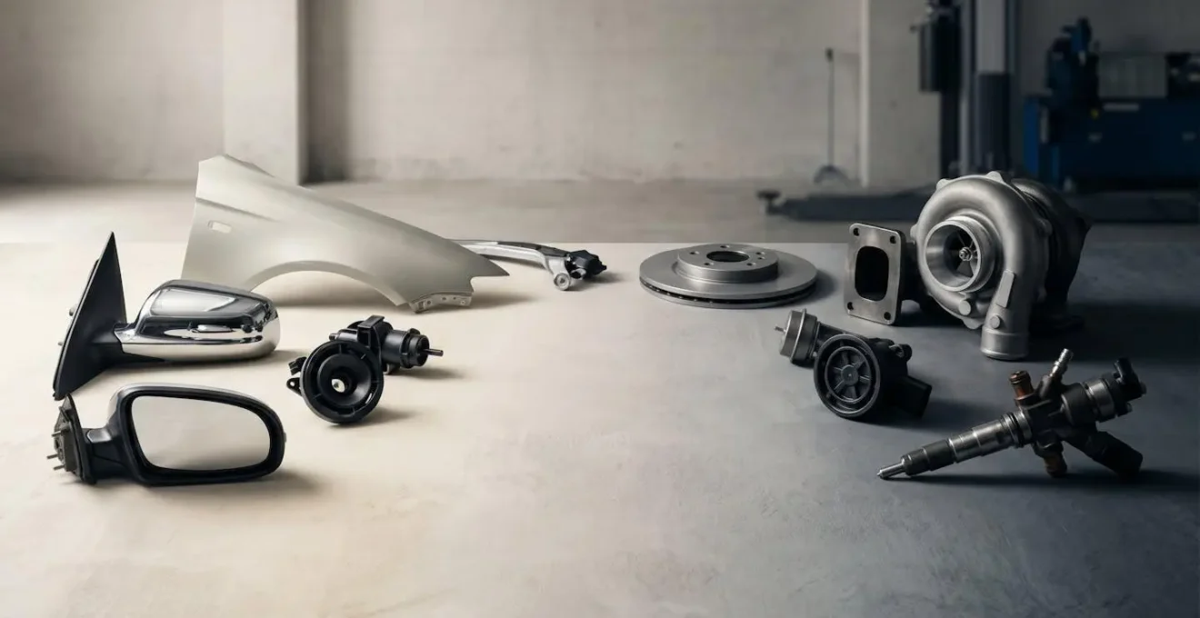 Représentation visuelle abstraite illustrant la classification des pièces automobiles selon leur niveau de risque pour le réemploi
