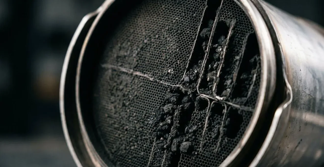 Détail macro d'un filtre à particules diesel encrassé illustrant les conséquences des trajets urbains répétés