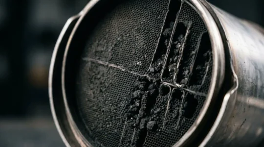 Détail macro d'un filtre à particules diesel encrassé illustrant les conséquences des trajets urbains répétés