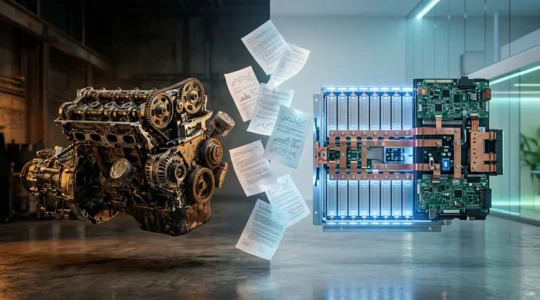 Composition symbolique représentant la transition écologique automobile et son impact sur l'assurance