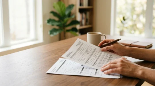 Conducteur consultant ses documents d'assurance automobile avec détermination pour nettoyer son historique