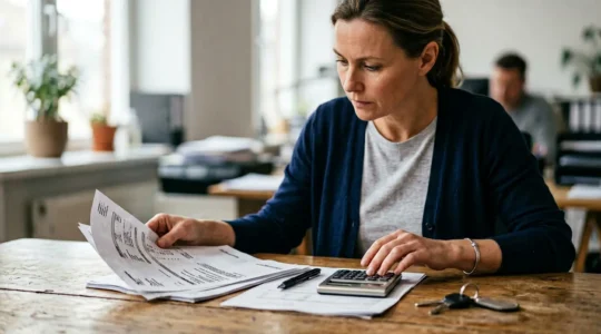 Propriétaire examinant des documents d'assurance pour son véhicule utilitaire professionnel