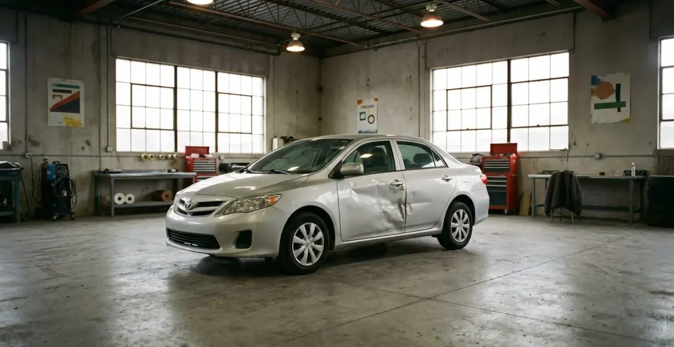 Voiture endommagée dans un garage de réparation avec des outils de carrosserie professionnels