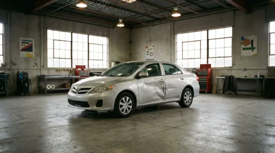 Voiture endommagée dans un garage de réparation avec des outils de carrosserie professionnels