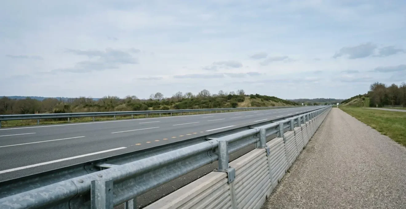 Vue environnementale d'une autoroute française avec glissière de sécurité et espace protégé pour les usagers